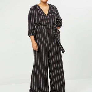 NWT Black/white/wine Striped Faux Wrap Jumpsuit
